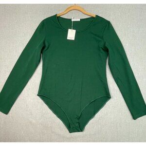 MANGDIUP Women's Green Long Sleeve Round Collar Bodysuit, Size Large